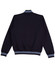 A navy fleece varsity jacket featuring a ribbed collar and striped cuffs. Includes a logo on the back.