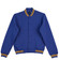 A blue fleece varsity jacket with yellow-striped cuffs and collar, featuring side pockets and a logo.
