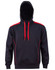 A black hoodie with red accents and a kangaroo pocket, featuring a hood and drawstrings. Includes a logo.