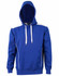 A bright blue adult hoodie featuring a kangaroo pocket and a contrast design, with a logo on the front.