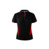 A black and red polo shirt featuring a logo, with short sleeves and a collared neckline.