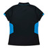 A black polo shirt with blue accents and a logo on the collar area, featuring a fitted design.