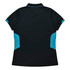 A black polo shirt with blue accents on the sides and a collar. It features a logo on the front.