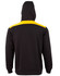 A black hoodie featuring a contrast yellow panel across the shoulders and a hood. The back view shows the design details.