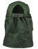 A green poly cotton legionnaire hat with an open back and an attached strap. Features a logo on the side.