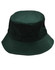 A dark green bucket hat featuring a wide brim and a toggle for adjustment. The hat includes a logo.