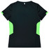 A black t-shirt with green accents on the sides, featuring a logo. Designed for women's style and comfort.