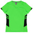A vibrant green women's t-shirt with black side accents and a V-neck design. Features a branding logo.