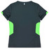 A dark grey t-shirt with lime green accents on the sides, featuring a logo.
