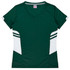 A green and white women's t-shirt featuring a v-neck and contrasting side panels, with a logo visible.