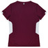 A maroon T-shirt with white side panels and a logo on the back. Short-sleeved design.