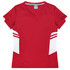 A red T-shirt featuring a V-neck design and white side panels. The shirt includes a logo on the label.
