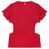 A red women's t-shirt with white side panels and a logo on the back.