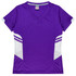 A purple women's t-shirt with white accents and a v-neck design, featuring a logo on the label.