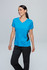 A blue women's T-shirt with black side panels, featuring a V-neck design and short sleeves.