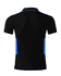 A black polo shirt with blue side panels and a logo on the collar.