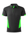 A black polo shirt with bright green accents, featuring a collar and a logo.