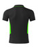 A black polo shirt with green side accents and a logo on the back.