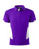 A purple polo shirt with white side panels and a collar. It features a logo on the chest.