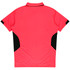 A pink polo shirt featuring black side panels and a collar, with a logo on the back.