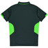 A dark green polo shirt with vibrant green side panels. It features a collar and a smooth fabric texture.