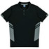 A black polo shirt featuring grey panels and a collar, with a logo on the chest area.