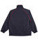 A navy track jacket with red piping, featuring a high collar and elasticated cuffs. It has a logo on the back.