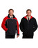A reversible jacket featuring a black side with red accents and a fully black side. Includes a logo.