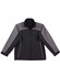 A reversible jacket in black and grey with contrasting design elements and a logo on the left side.
