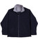 A reversible jacket featuring a tri-colour design, primarily in navy with a grey interior and side pockets.