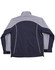 A reversible jacket featuring contrast navy and grey colours with white stitching and a high collar. It has a logo on it.