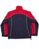 A reversible jacket featuring a navy blue body with red sleeves and contrast piping, and a logo on the design.