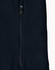 A dark navy softshell jacket featuring a zippered pocket and a sleek design. The jacket also has a logo.