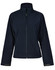 A navy softshell jacket with a high collar and zip closure, featuring side pockets and a logo on the sleeve.