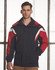 A tri-colour jacket with a hood featuring navy, red, and white accents, designed for men's outerwear.
