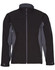 A men's softshell jacket in black with grey contrast panels, featuring a zip closure and side pockets.