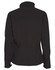 A black softshell jacket with a high collar and fitted design, featuring a logo on one sleeve.