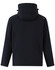A navy blue kids' softshell full zip hoodie with a hood and a logo on the back.