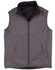 A grey versatile vest with a zippered front and two front pockets, featuring a collar and a branded logo.
