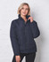 A navy heavy quilted puffer jacket with a zip and high collar, featuring a woman posing against a white brick wall.