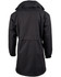 A black long line stadium jacket featuring a drawstring waist and elastic cuffs. It has a logo on the back.
