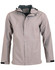A men's waterproof performance jacket in light grey, featuring a hood and a logo on the chest.