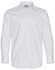 A white long-sleeve button-up shirt featuring a single chest pocket and a collar. It has a logo on the label.