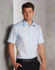 A short-sleeved, self-striped button-up shirt in light blue with a chest pocket, paired with dark trousers.