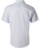 A short-sleeve, button-up shirt with fine stripes, in a light blue colour, featuring a logo on the back.