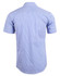 A short-sleeved button-up shirt featuring a two-tone blue check pattern and a logo on the back.