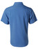 A short sleeve shirt in blue with a collar and a logo on the back.