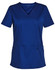 A navy blue short sleeve scrub top featuring a V-neck and two front pockets. Includes a logo on the sleeve.