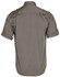 A men's short sleeve military shirt in a plain olive green colour, featuring rolled sleeves and a branding logo.