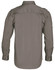 A men's long sleeve military shirt in khaki green, featuring button-up details and shoulder epaulettes.